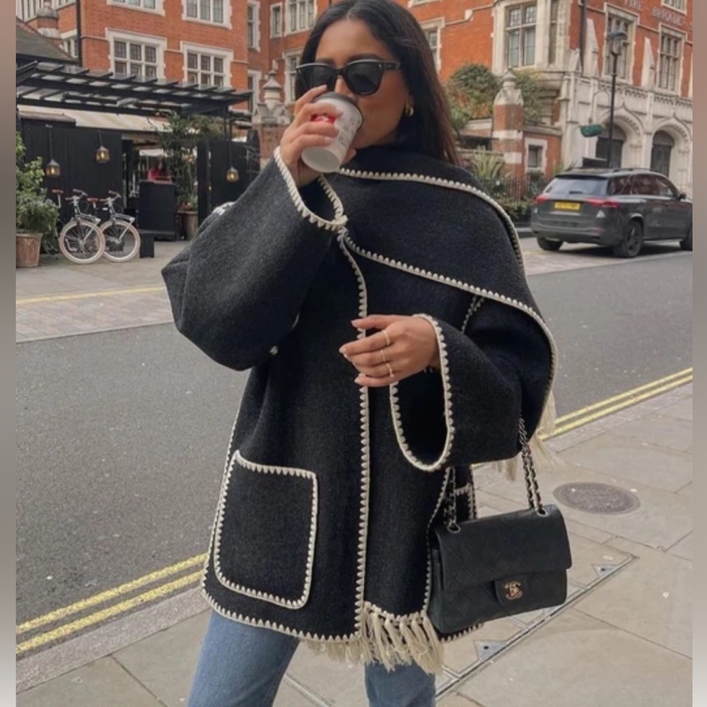 197. Contrast Soft Embroidered Scarf Jacket in Charcoal